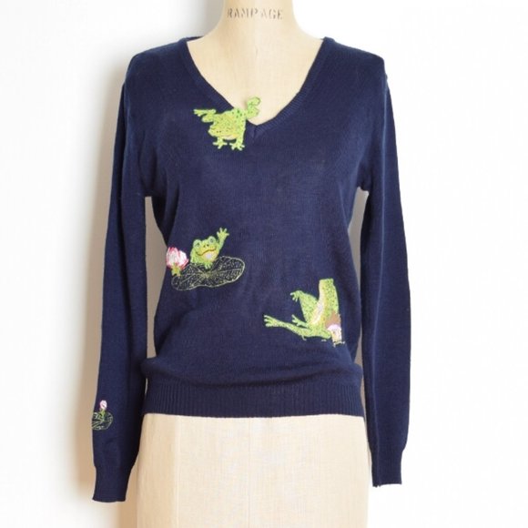 Sweaters - vintage 70s sweater navy embroidered FROGS Cyn Les Shirlee jumper top shirt M L